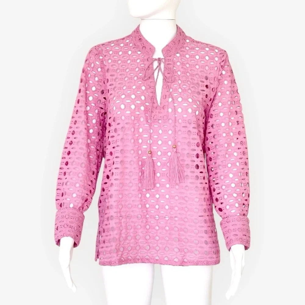 CALYPSO St. Barth Bohemian Linen Eyelet Embroidered Blouse Tie Neck 100% Cotton